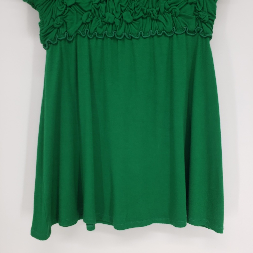 Y2K Smocked Bodice Babydoll Top Womens M Green Cap Sleeve Scoop Neck Ruffle Trim - Picture 6 of 8